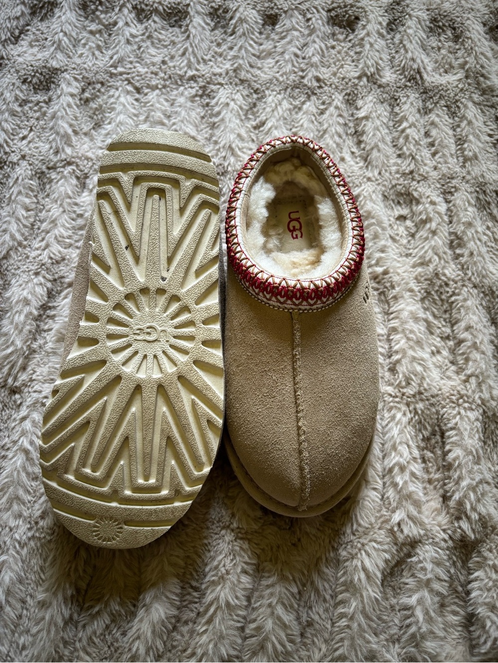 UGG Kids Tan Shearling Slip-On Slippers with Red Trim